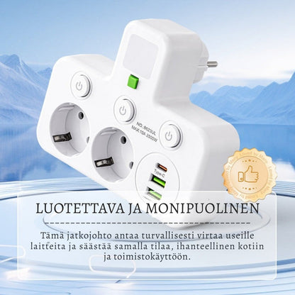 VirtaKoti – Kompakti jatkopistorasia USB-porteilla ja yövalolla
