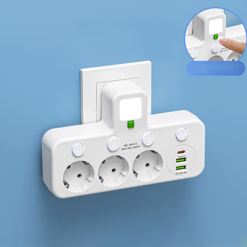 VirtaKoti – Kompakti jatkopistorasia USB-porteilla ja yövalolla