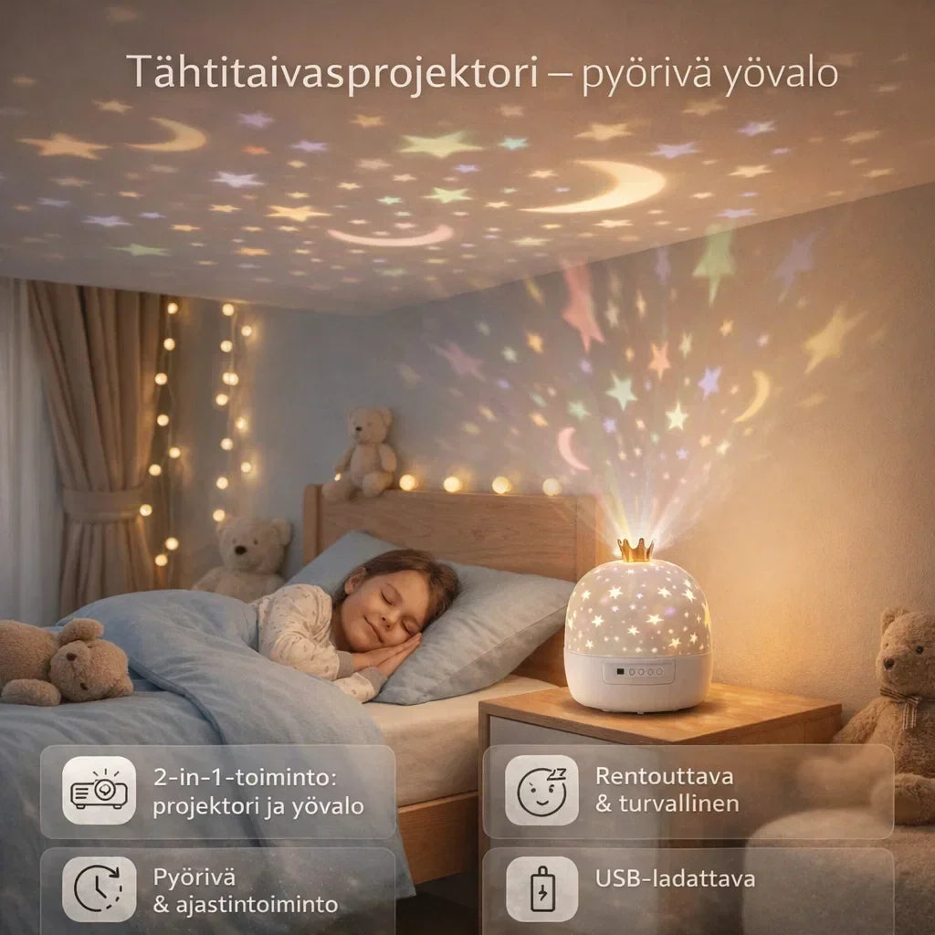 TähtiValo – Pyörivä tähtiprojektori tunnelmalliseen iltaan